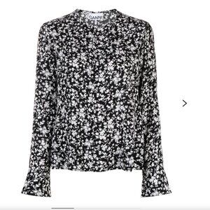 GANNI - black and white floral print crepe blouse